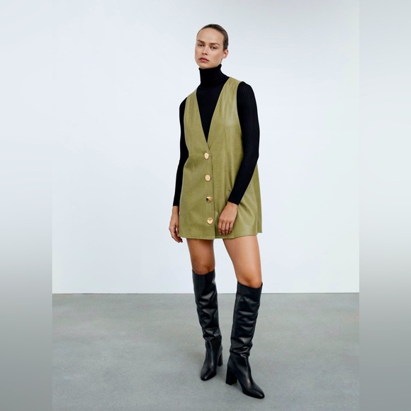 zara faux leather pinafore dress Olive Faux Leather Pinafore Dress Hyacinth House Olive Faux Leather / M main image 0